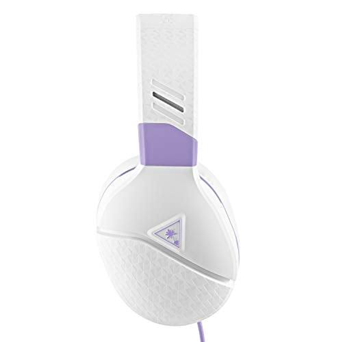 Białe i fioletowe słuchawki. Słuchawki mają geometryczny wzór na nausznikach. Pałąk jest biały.