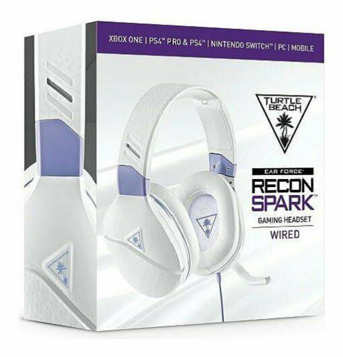 Pudełko na biały zestaw słuchawkowy dla graczy. Pudełko zawiera zdjęcia zestawu słuchawkowego i tekst wskazujący kompatybilność.