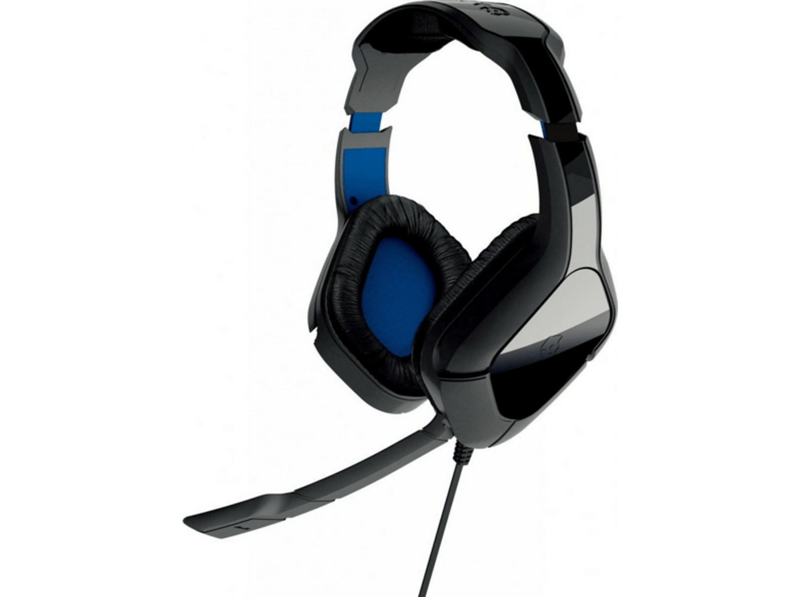 Cuffie da gioco nere e blu con microfono, su sfondo bianco.
