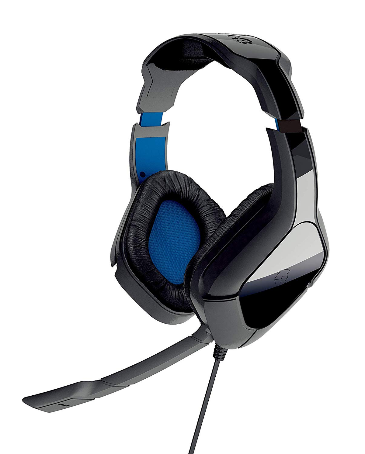 Cuffie da gaming nere e blu, angolate, con microfono. Sfondo bianco.