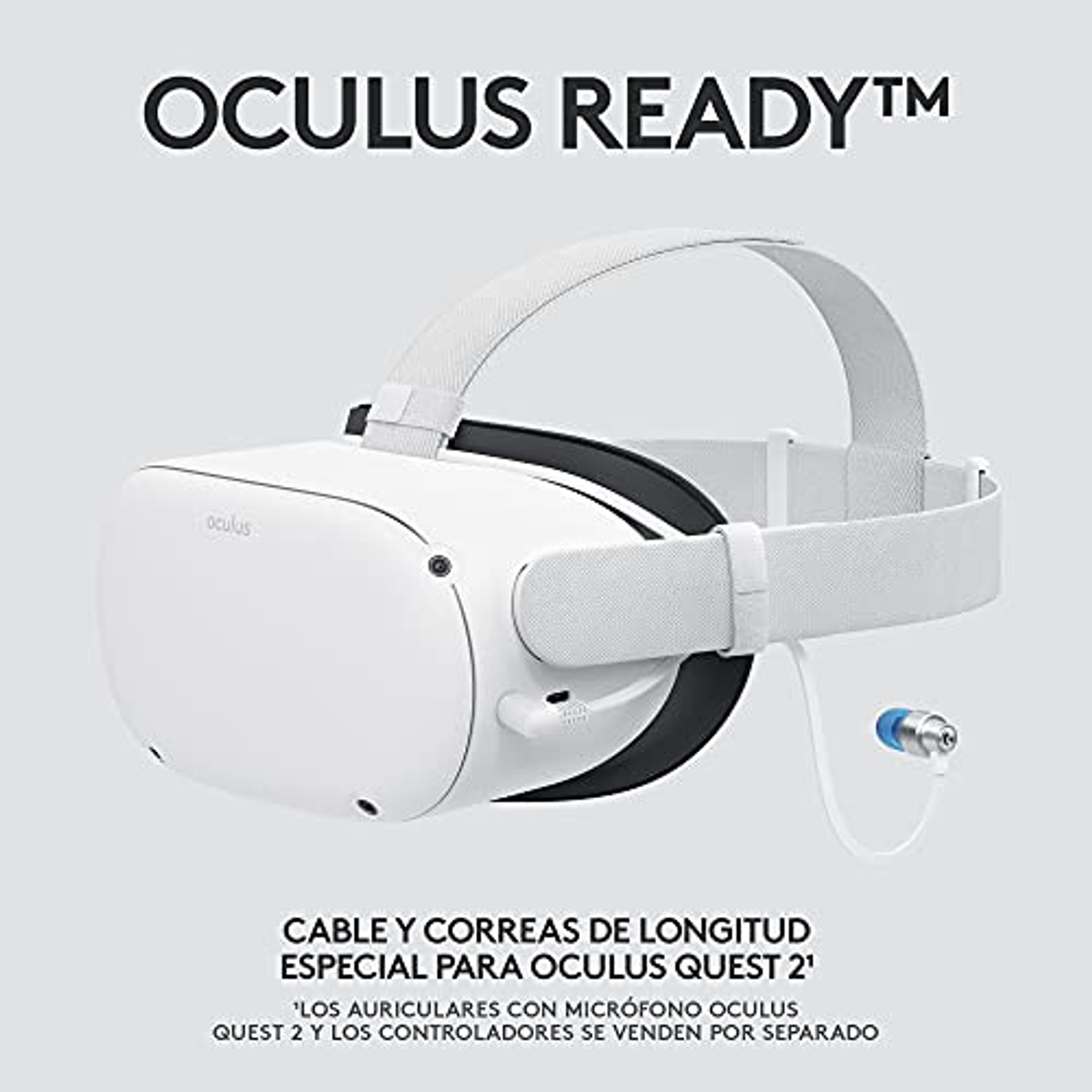Biały zestaw słuchawkowy VR Oculus z kablem. Tekst mówi 'Oculus Ready' i 'Kabel i paski'.