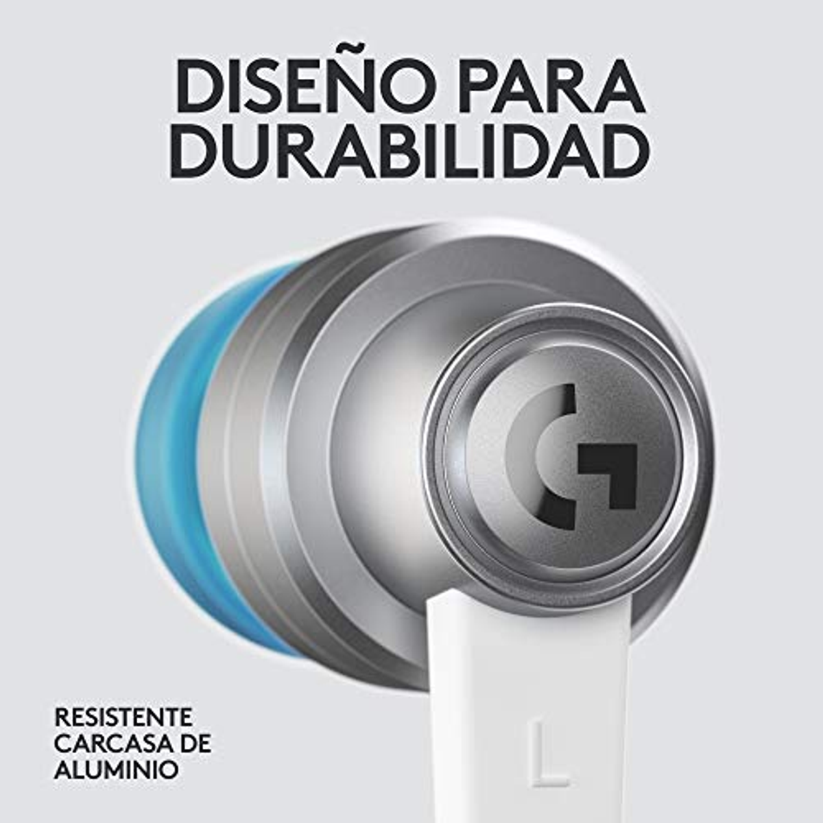 Zbliżenie słuchawki z tekstem 'DISEÑO PARA DURABILIDAD' i 'RESISTENTE CARCASA DE ALUMINIO'.