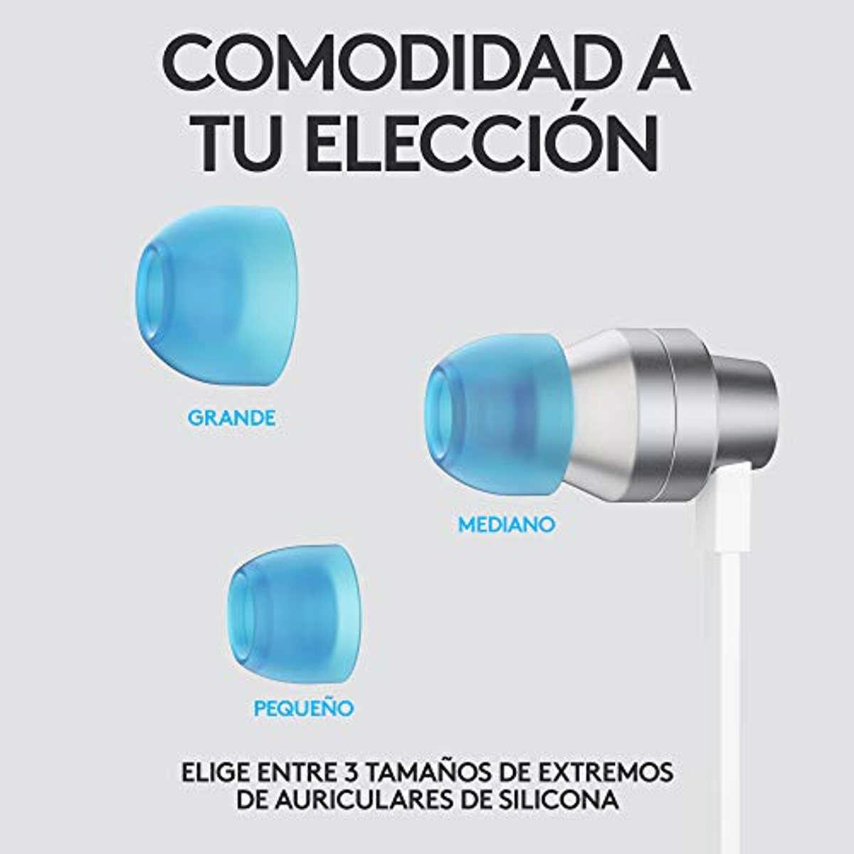 Trzy niebieskie końcówki douszne w różnych rozmiarach z tekstem.