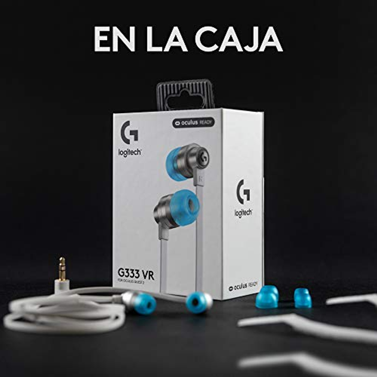 Białe pudełko ze słuchawkami Logitech. Słuchawki są niebieskie. Akcesoria poniżej. Czarne tło.