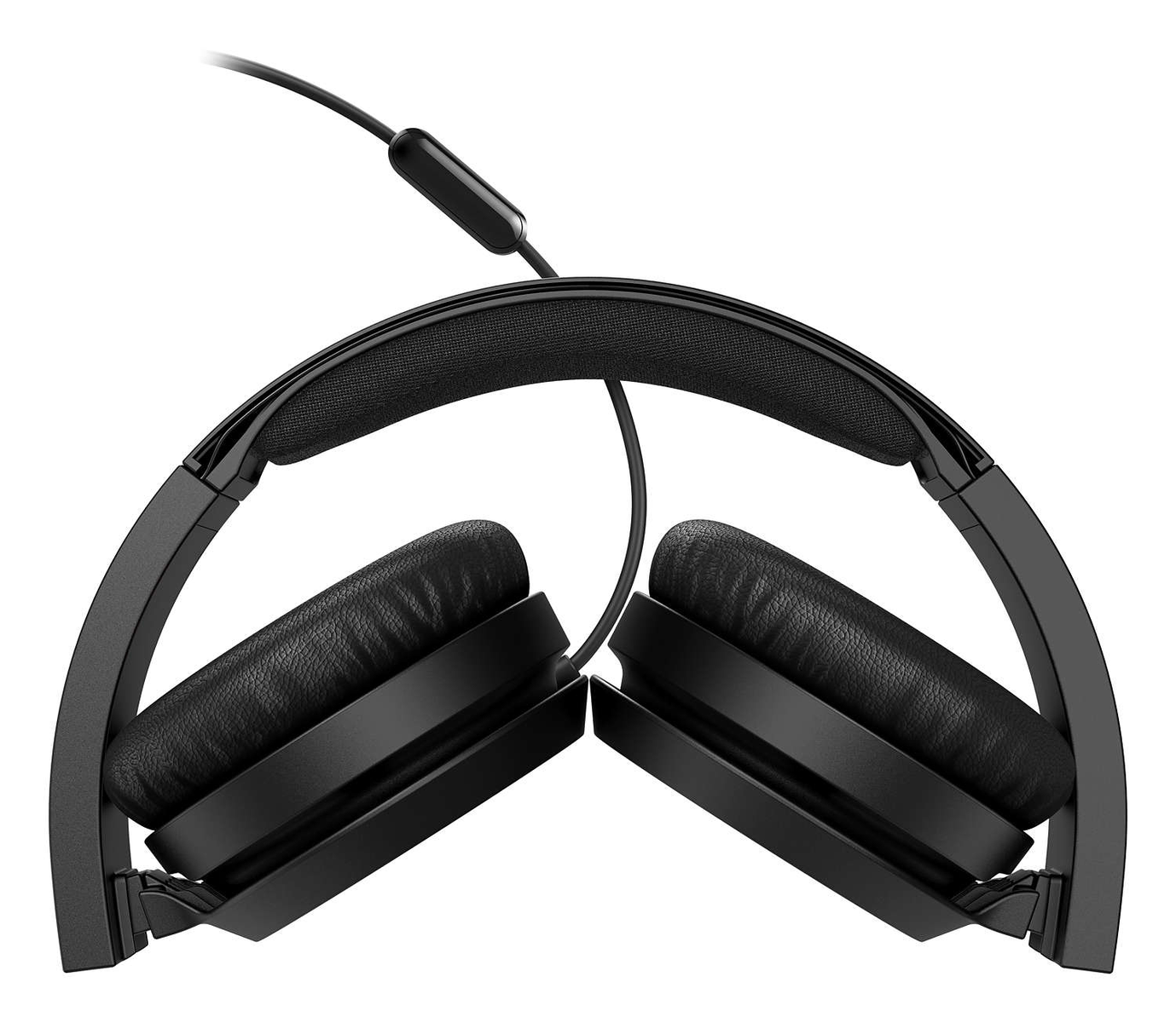Gefaltete schwarze Kopfhörer, mit Leder-Ohrmuscheln und Kabel, auf weißem Hintergrund.