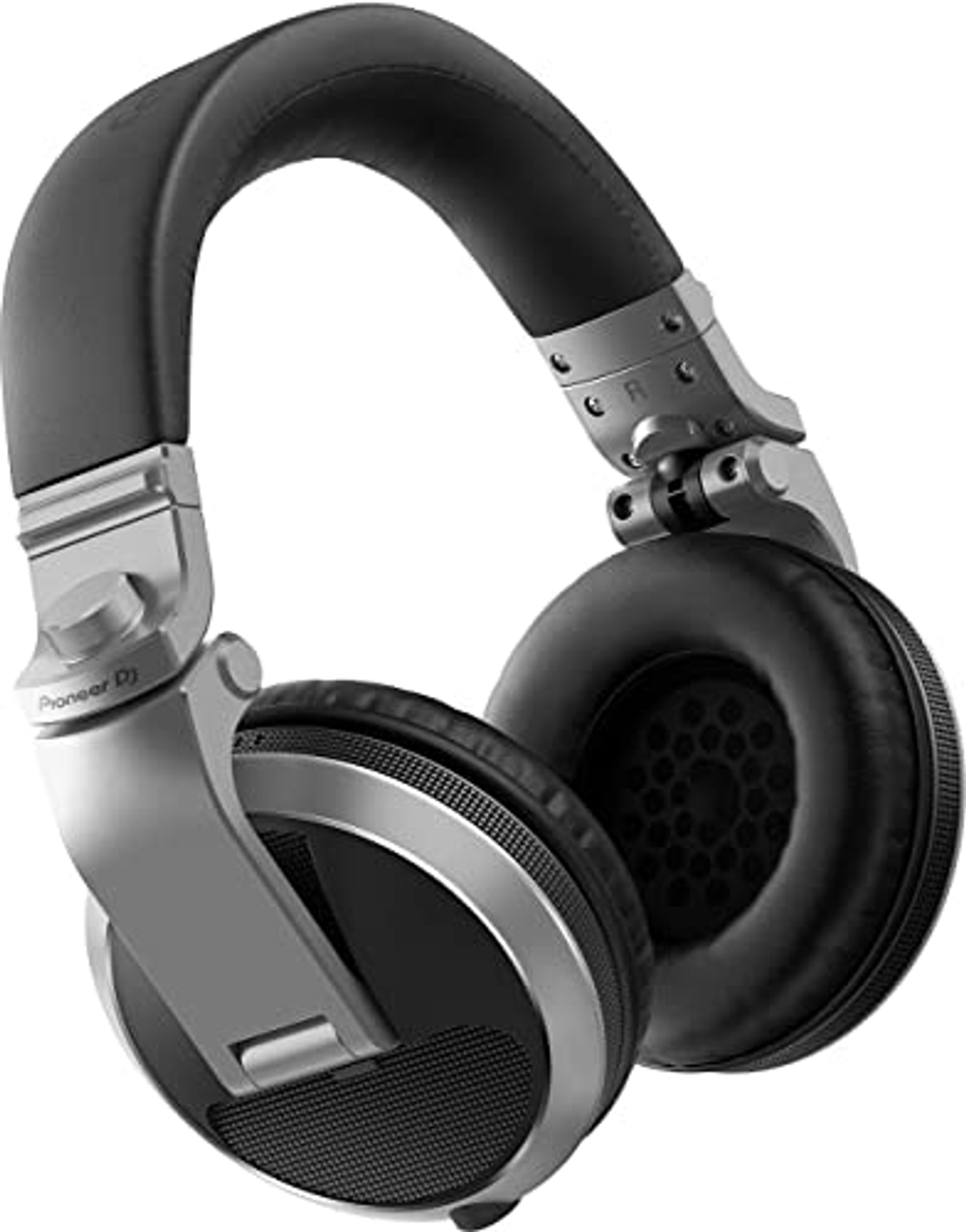 Le cuffie Pioneer DJ argento e nere sono angolate, mostrando i padiglioni e l'archetto.