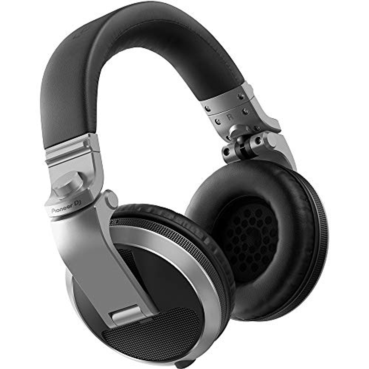 Cuffie over-ear argento e nere con il logo Pioneer DJ, su sfondo bianco.
