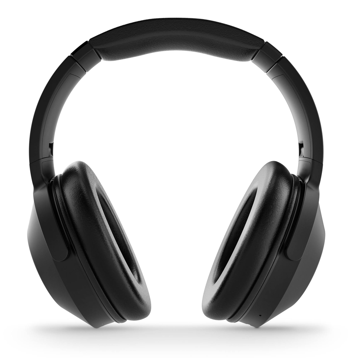 Schwarze Over-Ear-Kopfhörer auf weißem Hintergrund. Ohrmuscheln und Kopfband sind sichtbar.