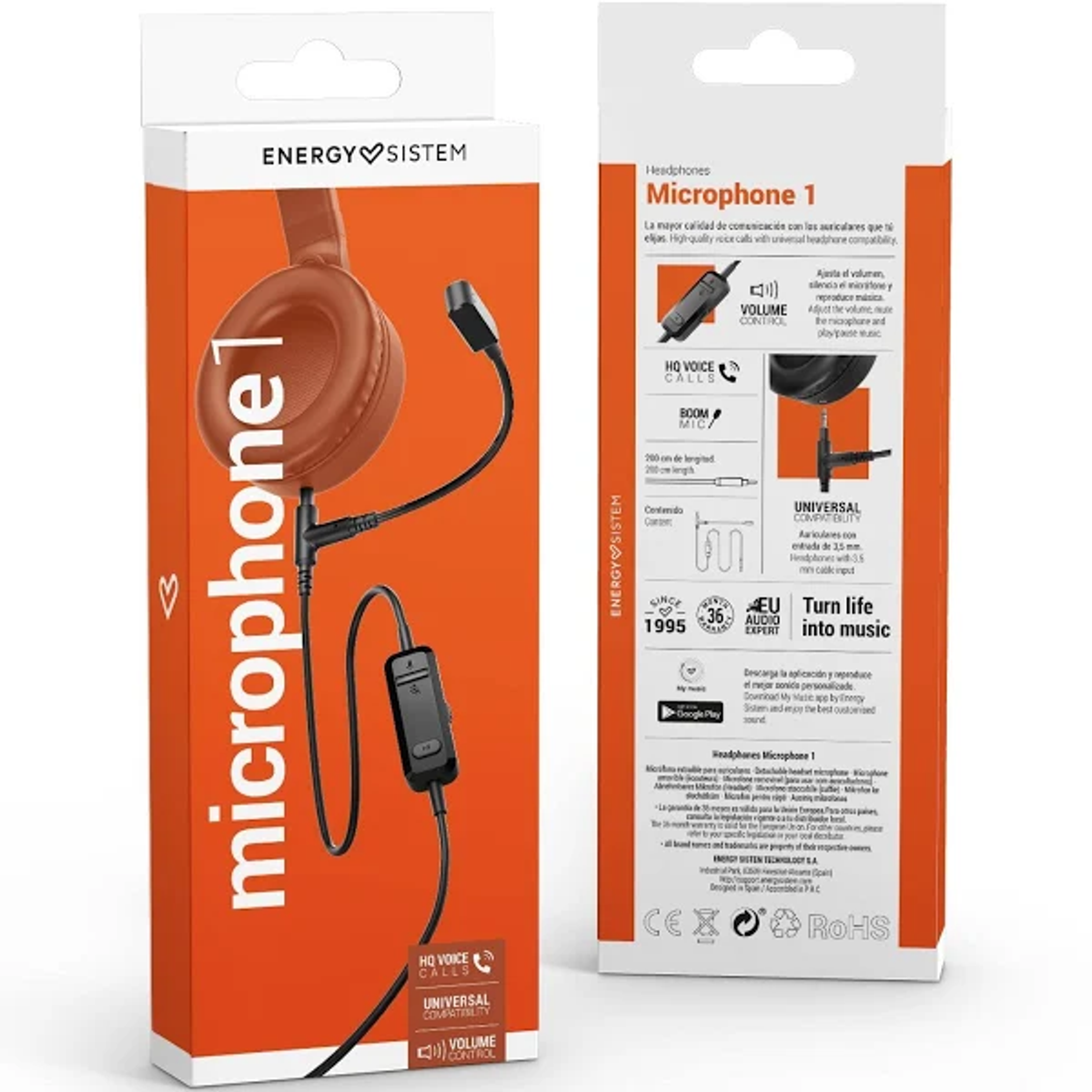 Caja de auriculares: auriculares, características y nombre de la marca, naranja y blanco.