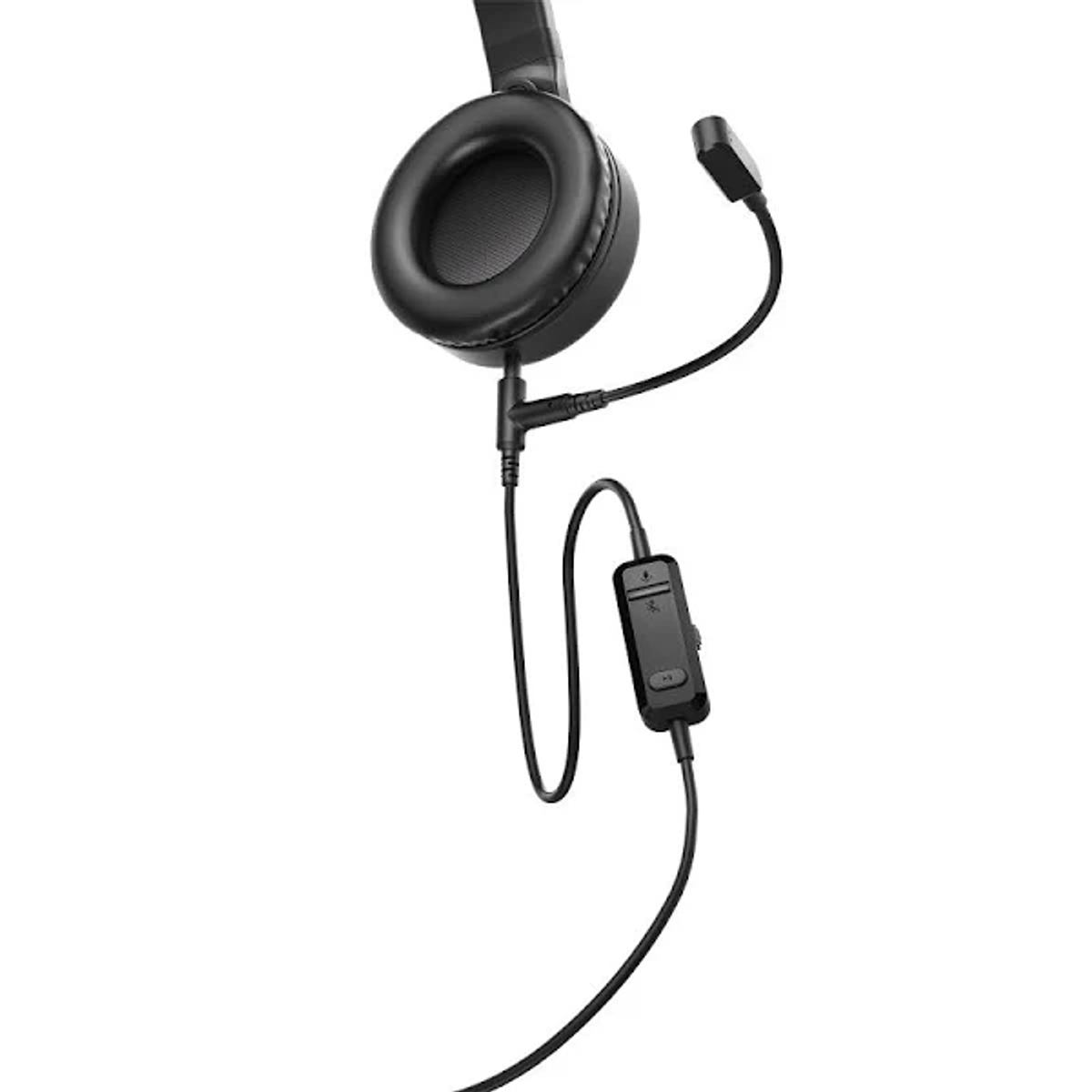 Auriculares negros con micrófono y módulo de control. Los auriculares son negros.