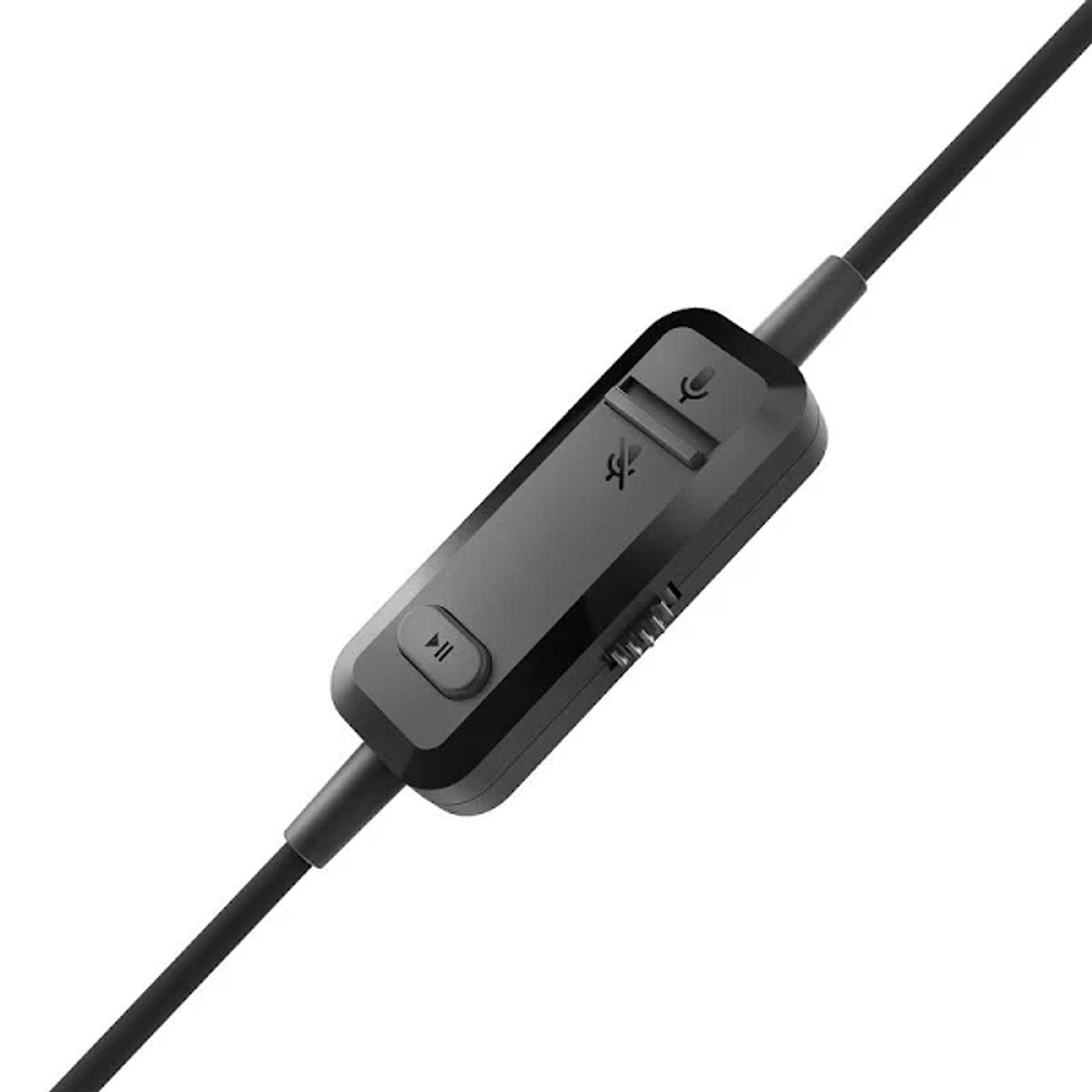 Primer plano de un control de micrófono negro con botones de volumen, reproducción/pausa y silencio.