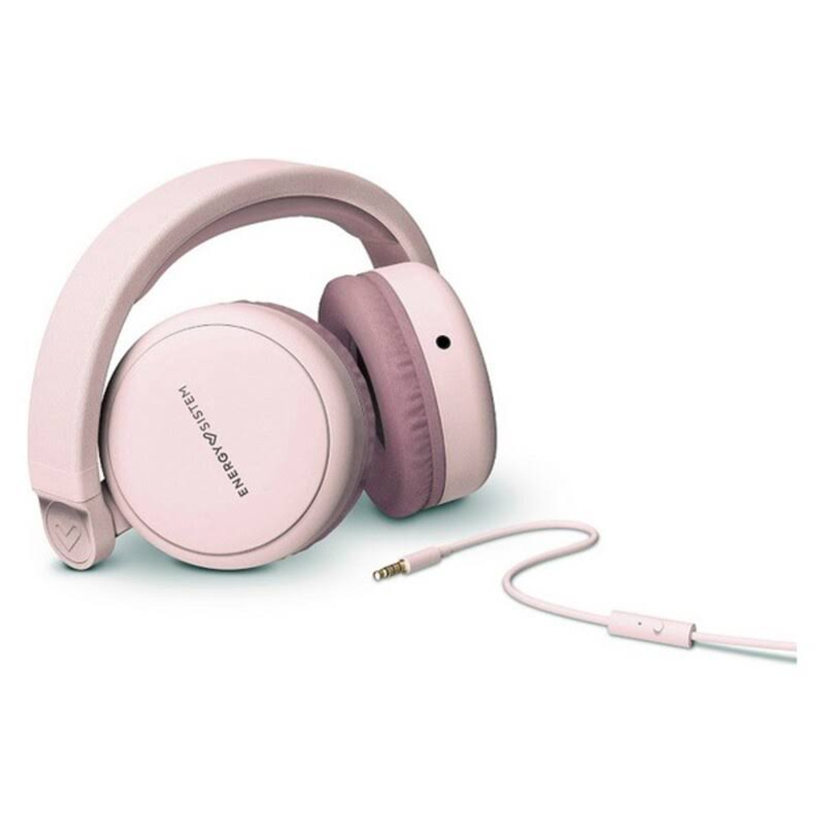 Auriculares rosas con cable sobre superficie blanca. La marca es Energy Sistem.