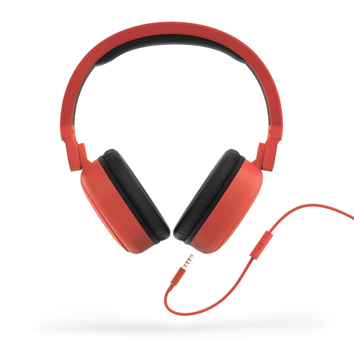 Auriculares rojos con almohadillas negras y un cable rojo con conector jack.