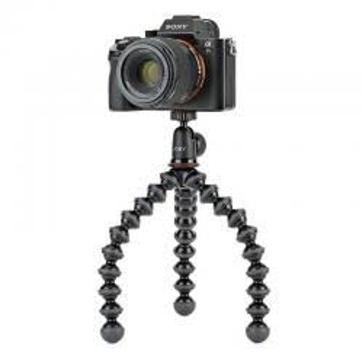Fotocamera nera su un treppiede flessibile, con base nera e rossa.
