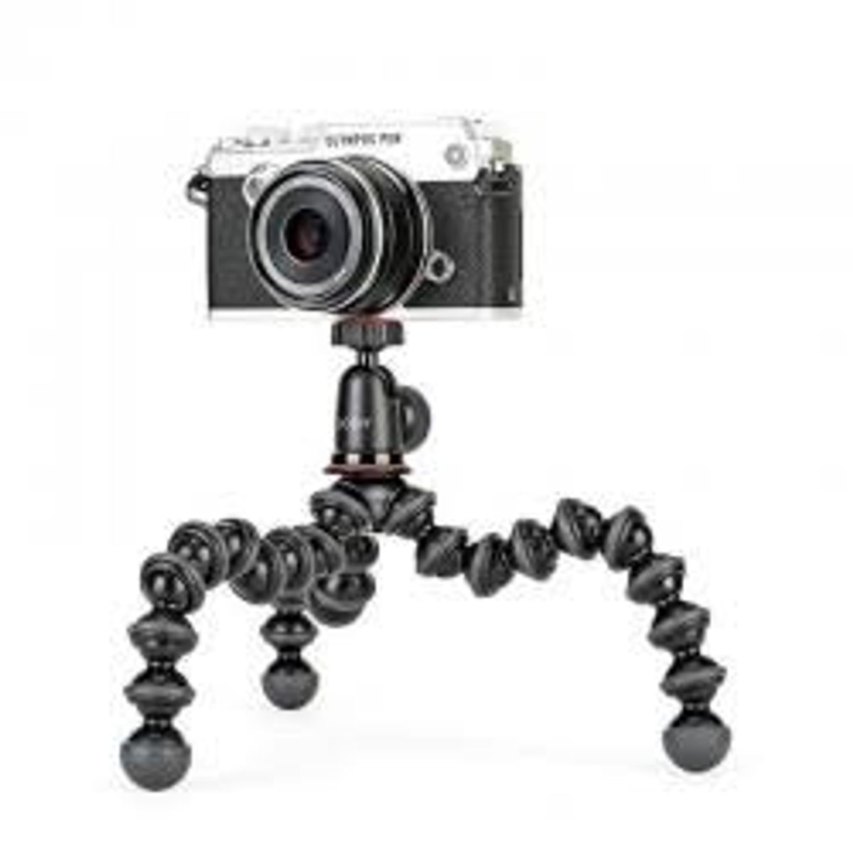 Fotocamera nera su un treppiedi flessibile. Sfondo bianco.