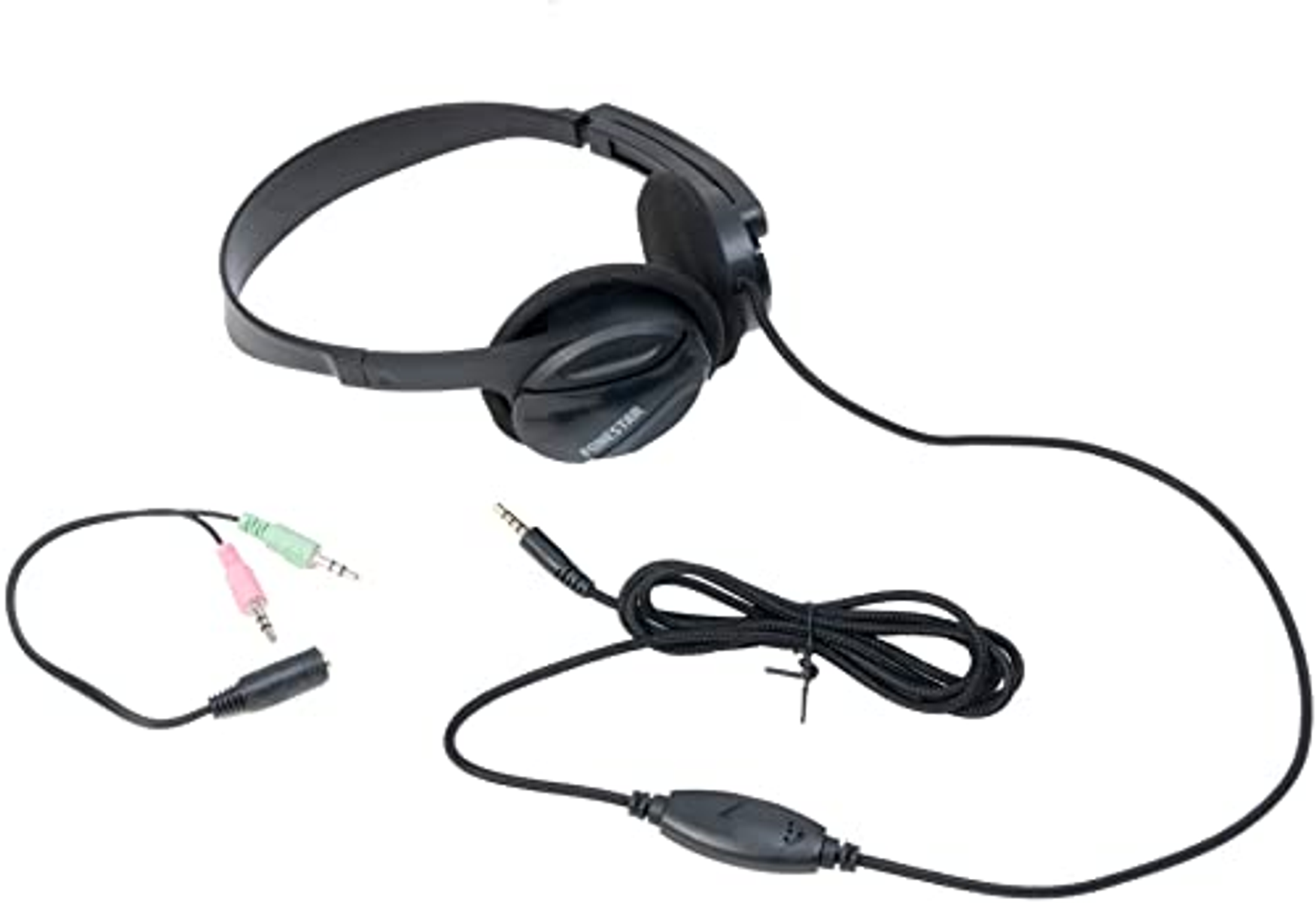 Auriculares negros con micro y conectores de audio adicionales, sobre fondo blanco.