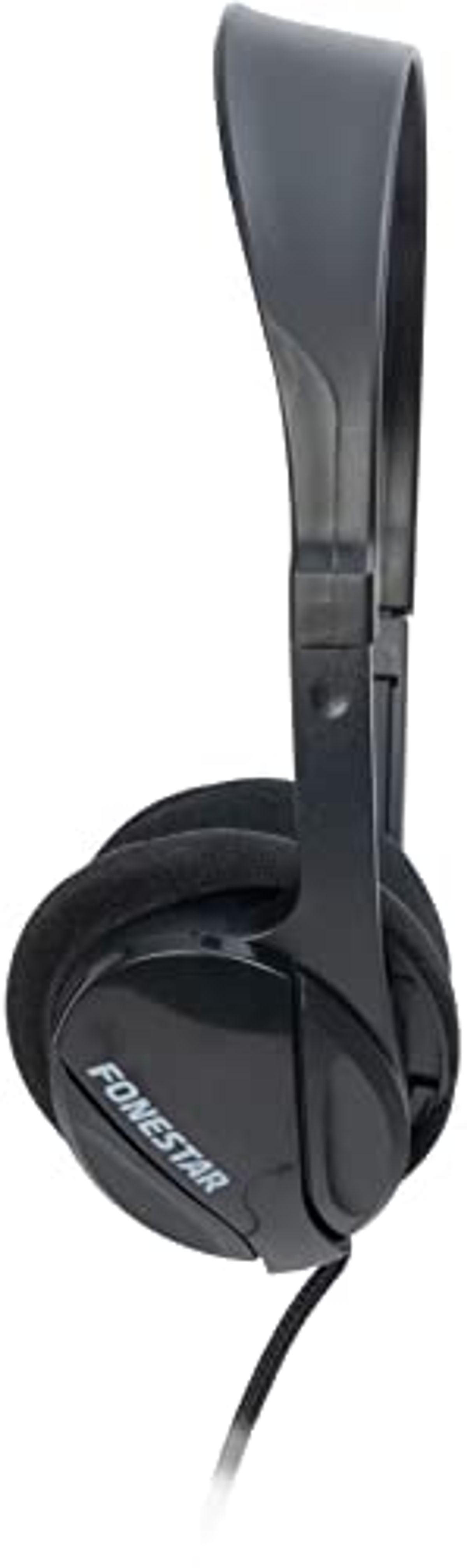 Auriculares negros con el nombre FoneStar en la copa. Los auriculares son negros y con cable.