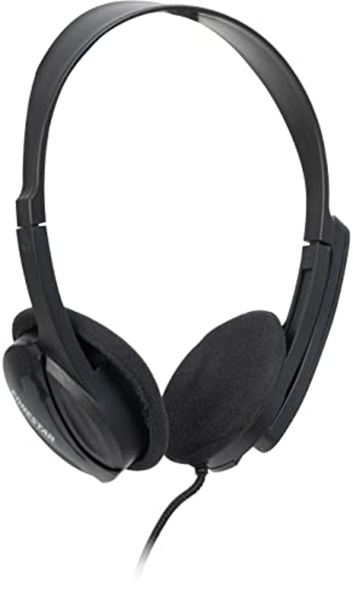 Auriculares negros con orejeras y cable. Fondo blanco.
