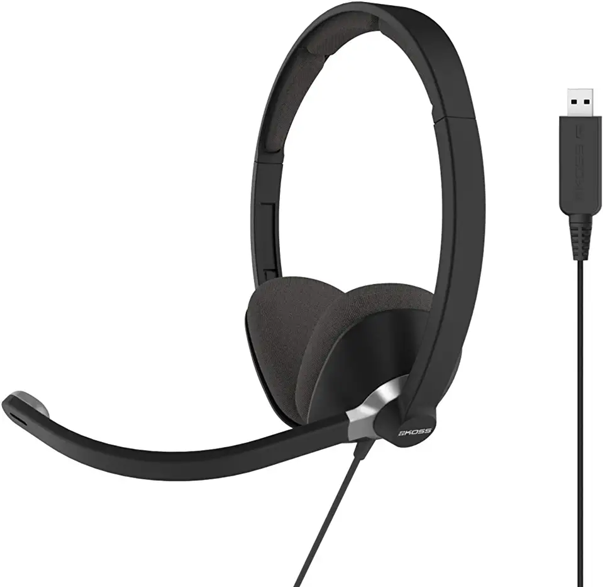 Cuffia nera con microfono e cavo USB. I padiglioni sono grigi. Marchio KOSS visibile.
