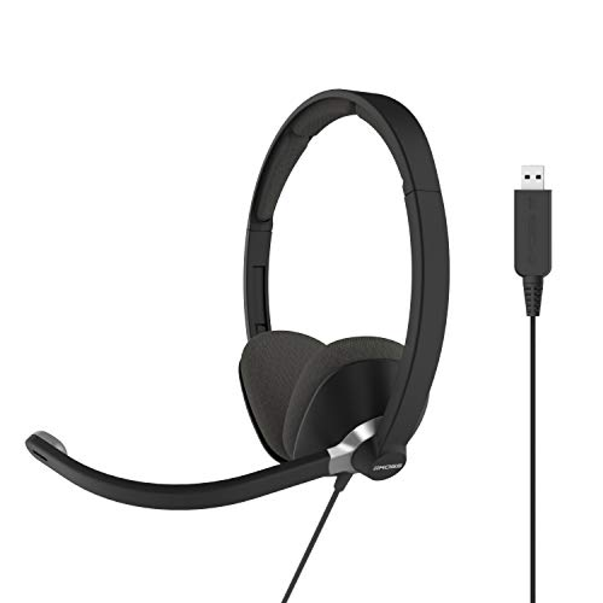 Cuffie nere con microfono e cavo USB. Le cuffie sono nere.