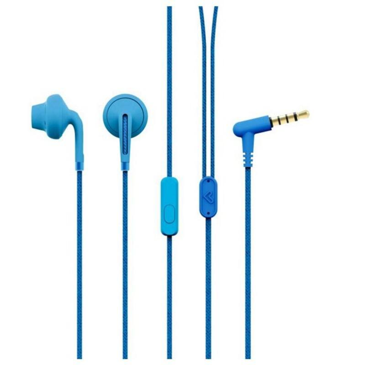 Auricolari blu con varie parti: un auricolare, un pulsante, un microfono e un connettore da 3,5 mm.