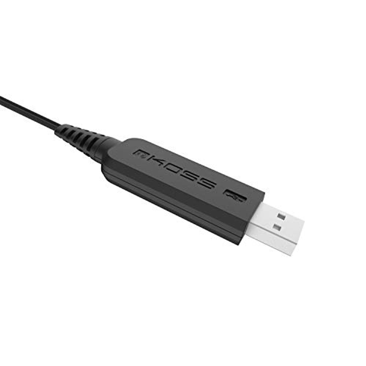 Cavo USB nero con connettore nero con 'KOSS' e testa USB bianca.