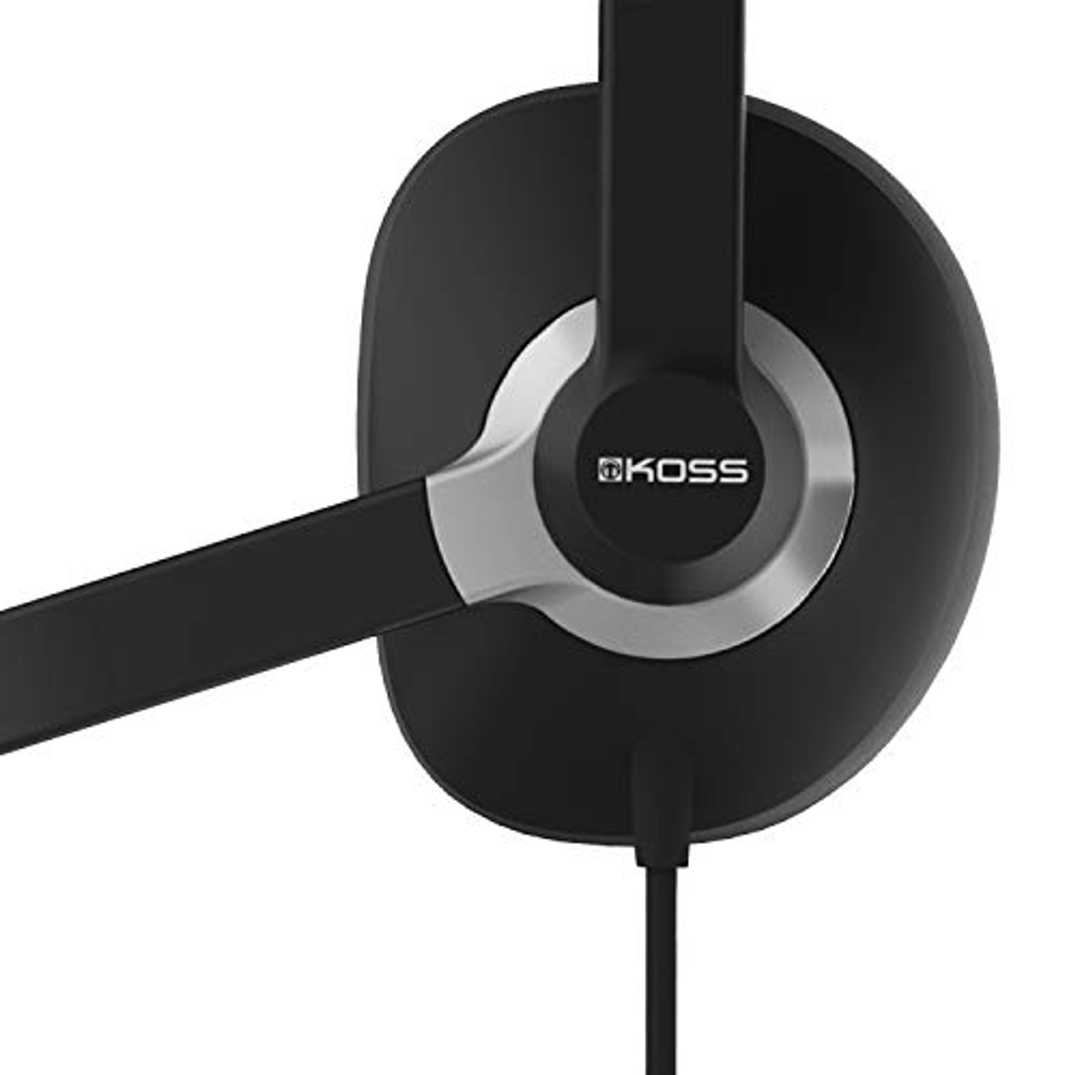Cuffie nere con microfono. Il marchio "KOSS" è visibile.