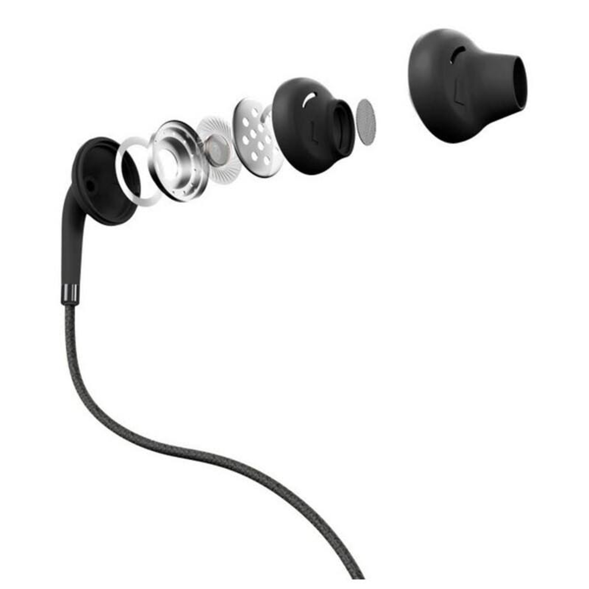 Zdemontowane elementy słuchawek. Czarne części słuchawek, w tym głośnik i obudowa.