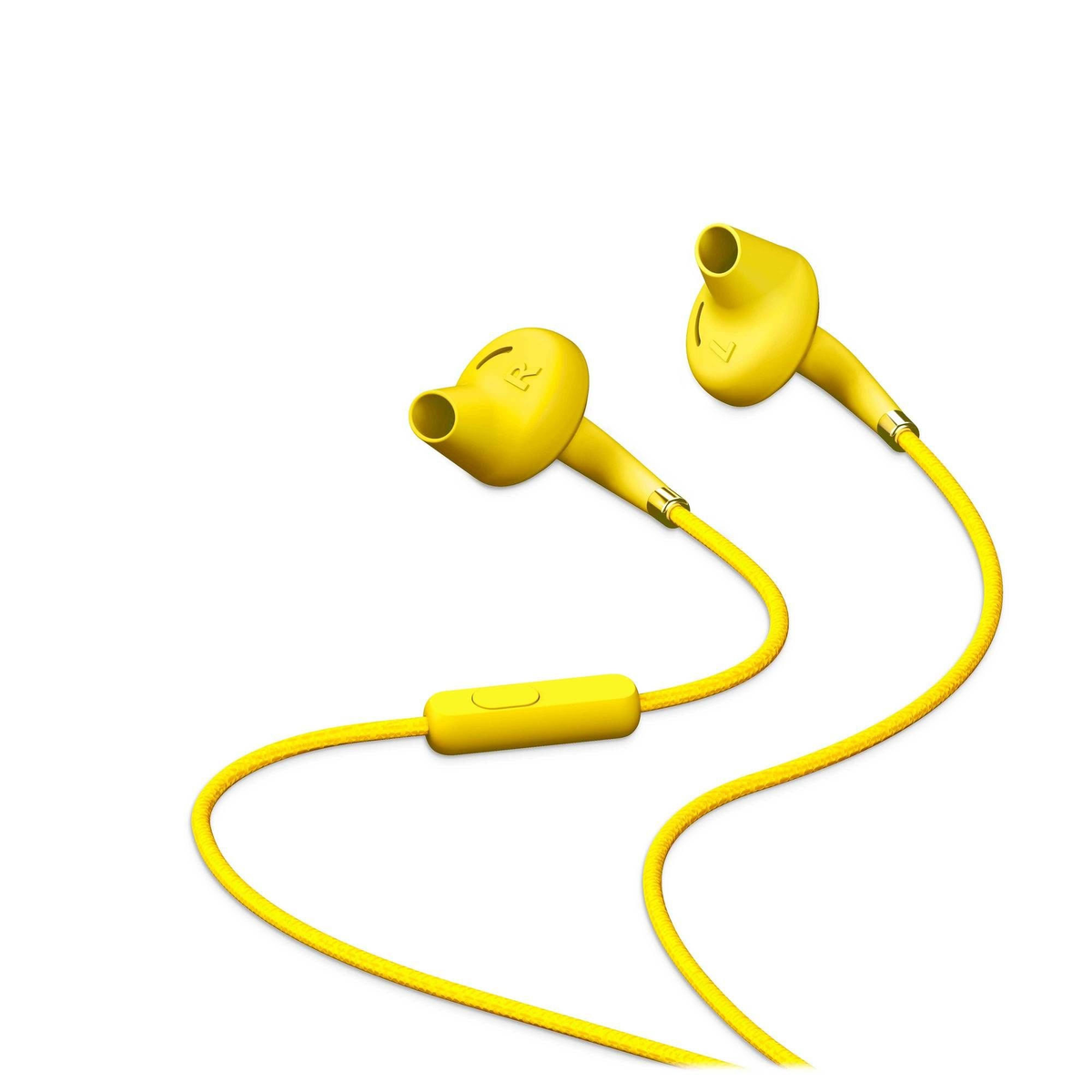 Auricolari gialli con cavo giallo. Il cavo ha un controllo.