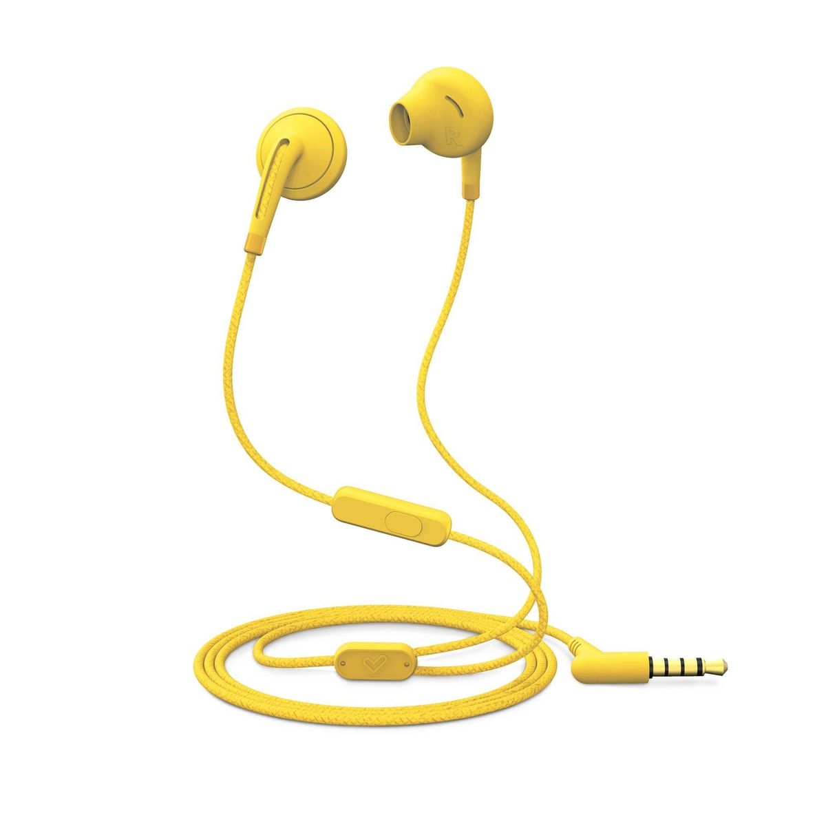Auricolari gialli con cavi gialli e un modulo di controllo e jack gialli.