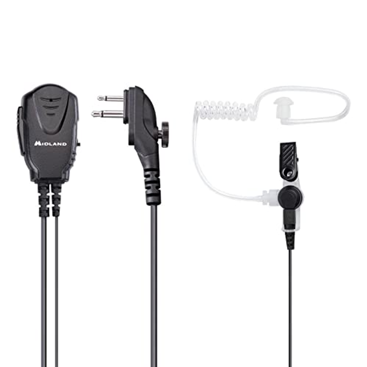 Set auricolare Midland. Include un microfono, un connettore e un tubo trasparente con un auricolare per la comunicazione.