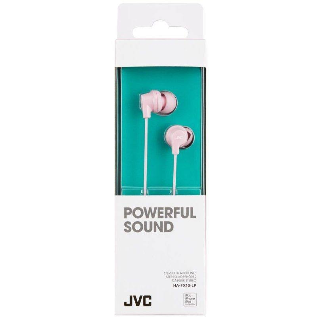 Cuffie in-ear rosa in confezione, con 'POWERFUL SOUND' scritto sul fronte.