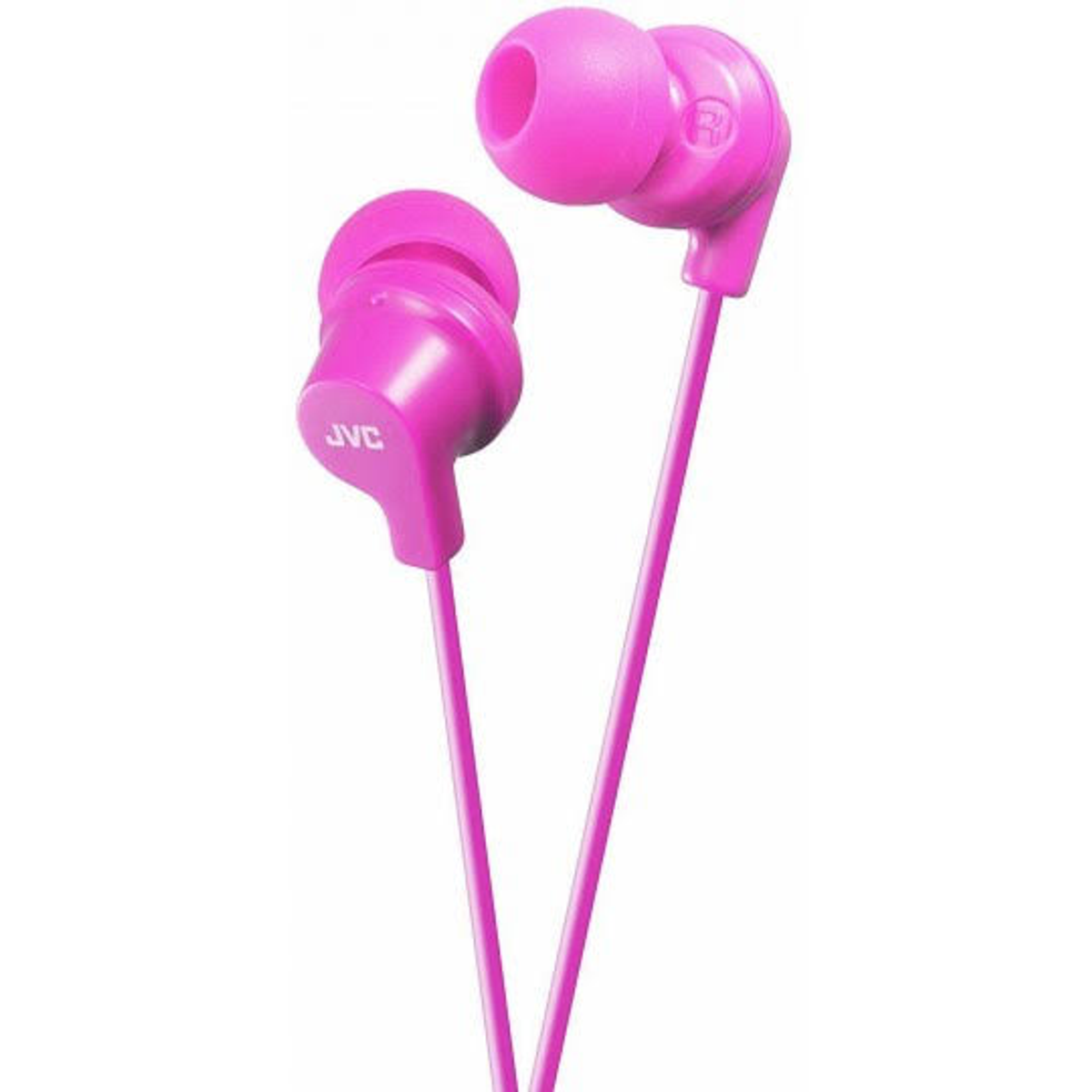 Auricolari JVC rosa acceso, con sfondo bianco.
