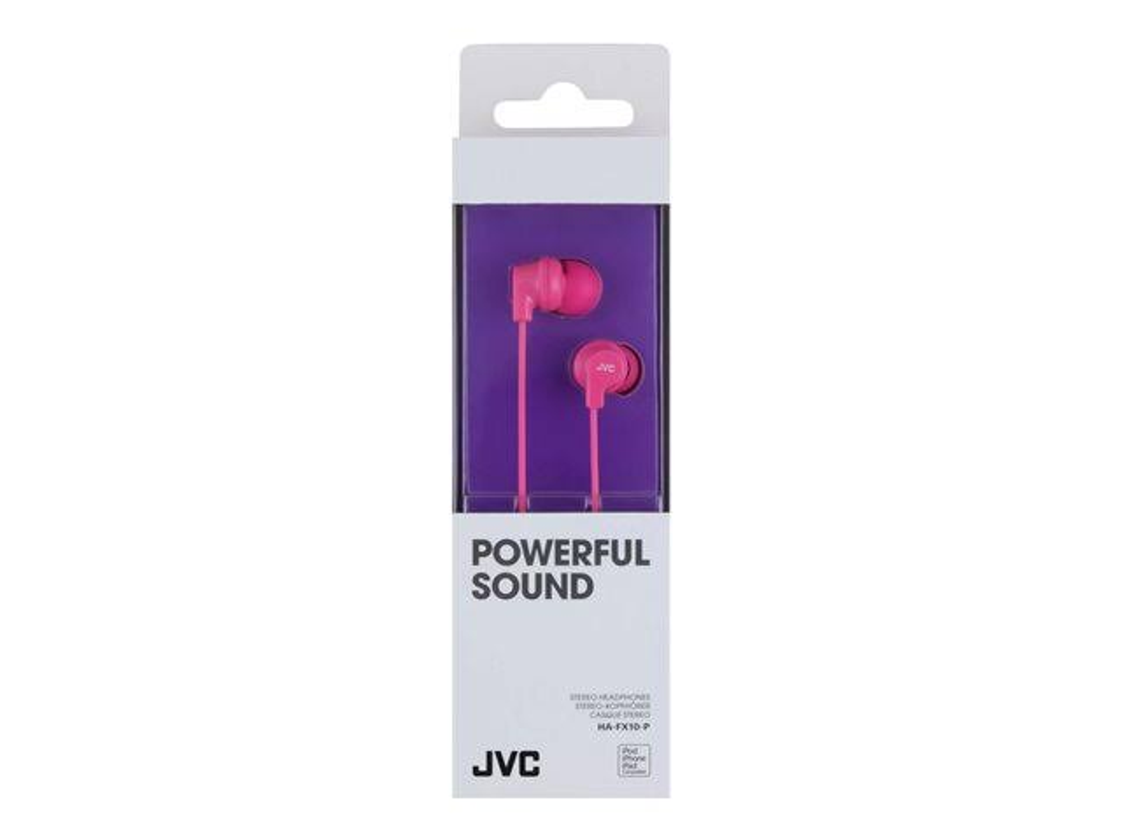 Auricolari JVC rosa in una scatola bianca e viola, con la scritta 'POWERFUL SOUND' sul davanti.