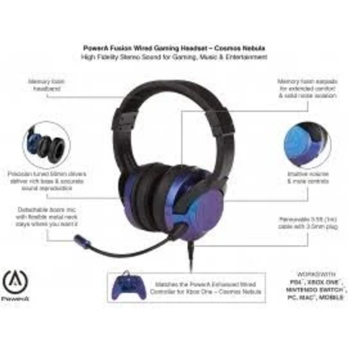 Auriculares para juegos con diseño azul y morado, micrófono y detalles.