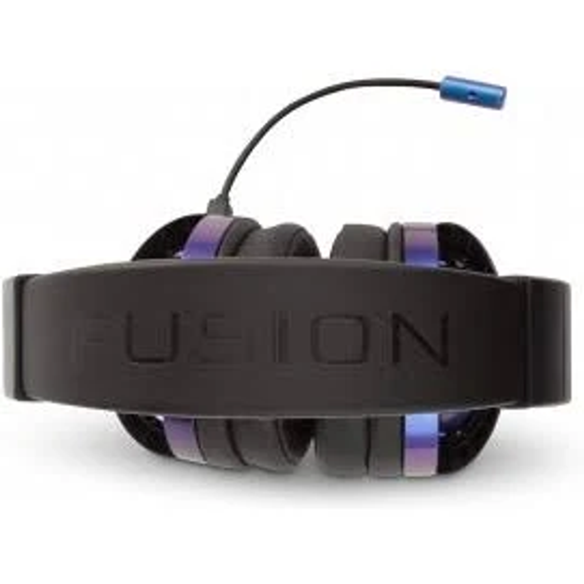 Auriculares negros, con micrófono y detalles en azul y morado.