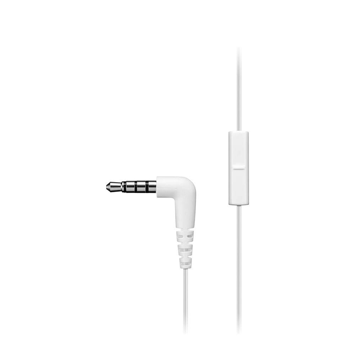 Weißes Audio-Kabel mit weißem Bedienfeld. Der Stecker ist L-förmig.