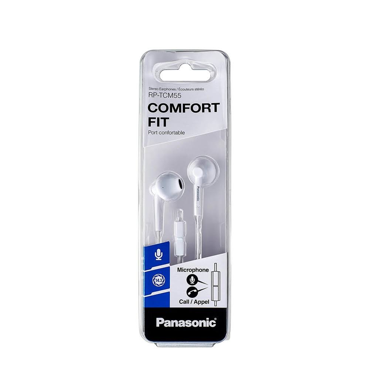 Weiße In-Ear-Kopfhörer in klarer Verpackung, mit Mikrofon und schwarzem Logo.