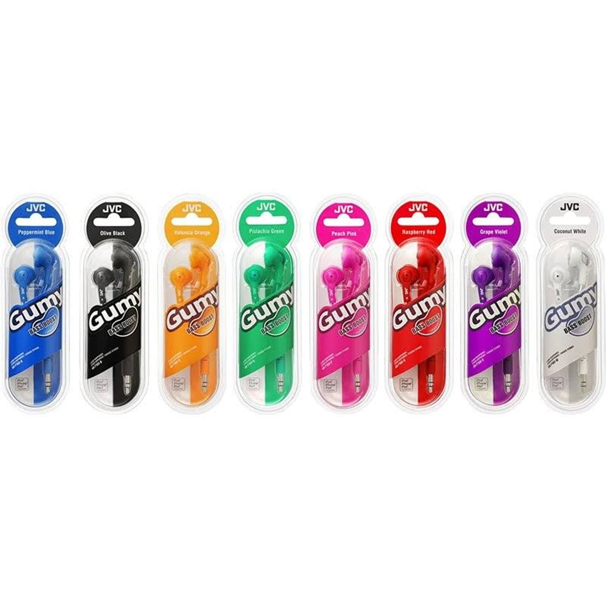 Siedem opakowań słuchawek dousznych. Każde opakowanie ma inny kolor.