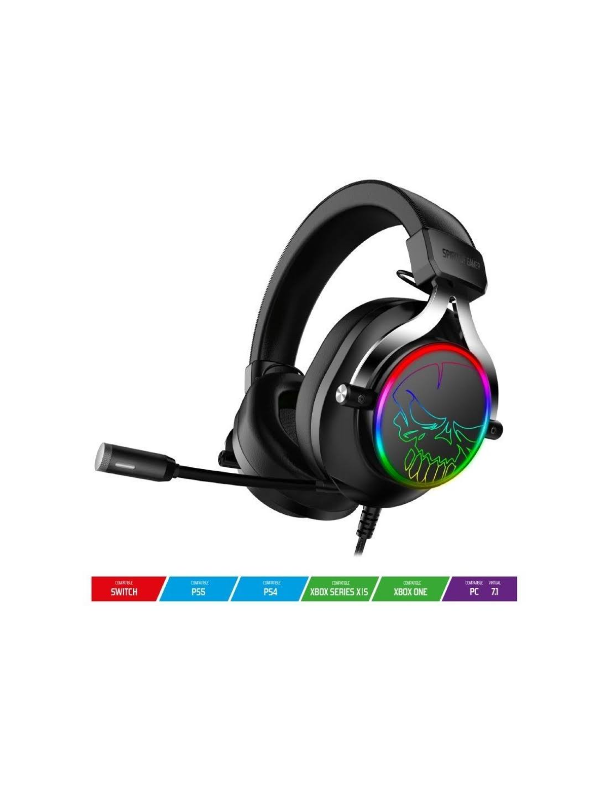Zestaw słuchawkowy dla graczy z motywem czaszki, z kolorowym światłem.