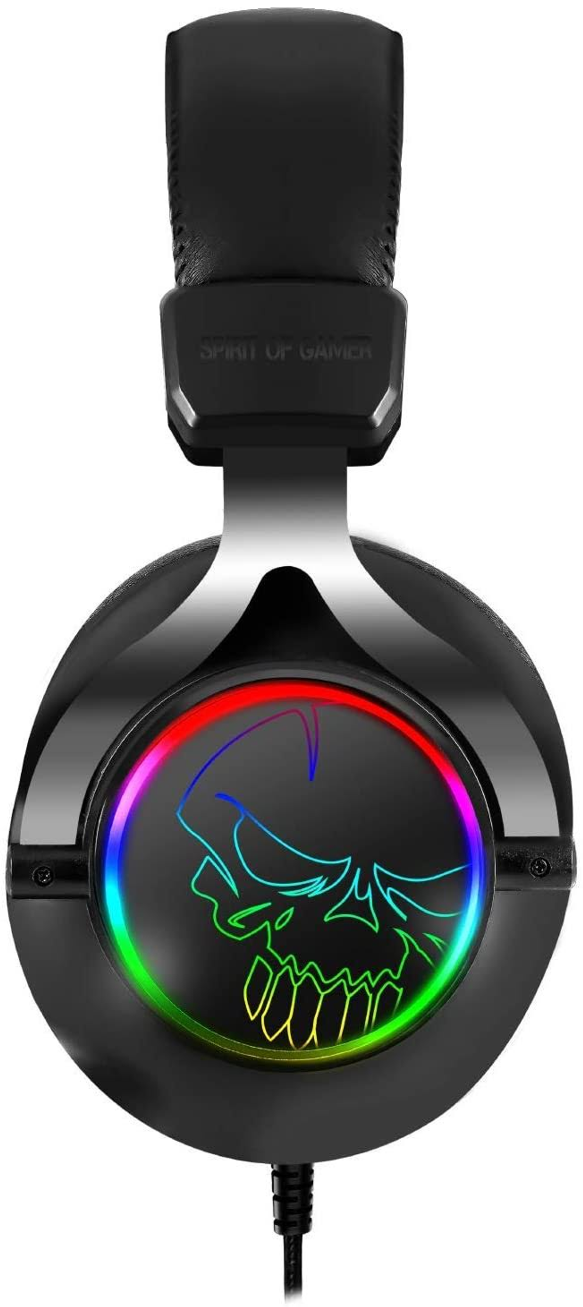 Zestaw słuchawkowy do gier z motywem czaszki. Jest czarny z kolorową czaszką i mikrofonem.