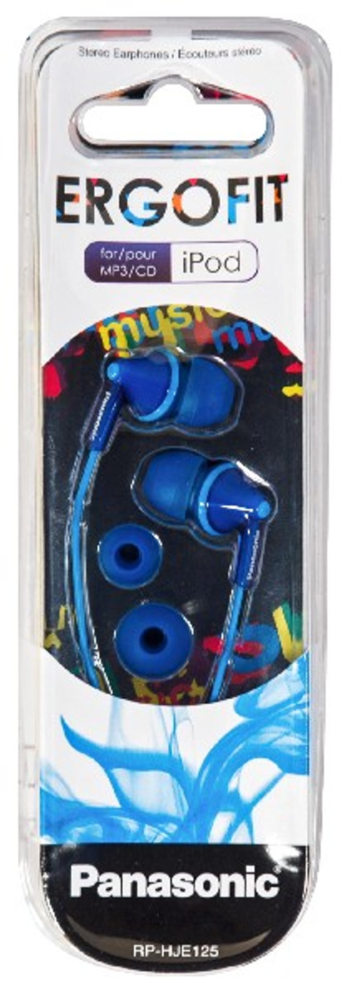 Niebieskie słuchawki przewodowe w plastikowym opakowaniu. Opakowanie ma nazwę 'ERGOfit'.