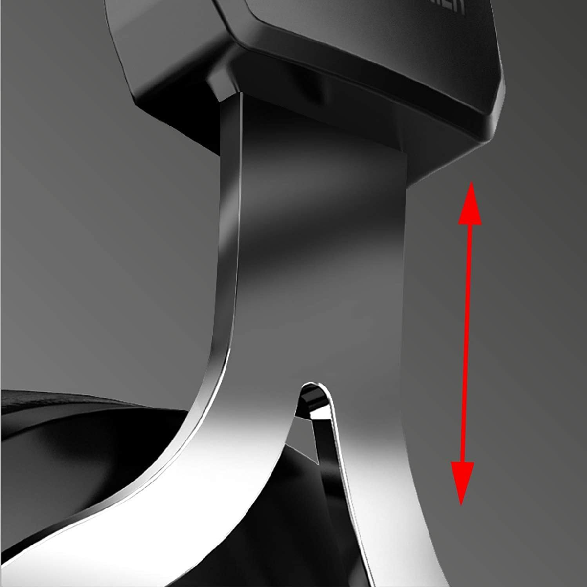 Zbliżenie regulowanego ramienia słuchawek, pokazujące ruch czerwoną strzałką.