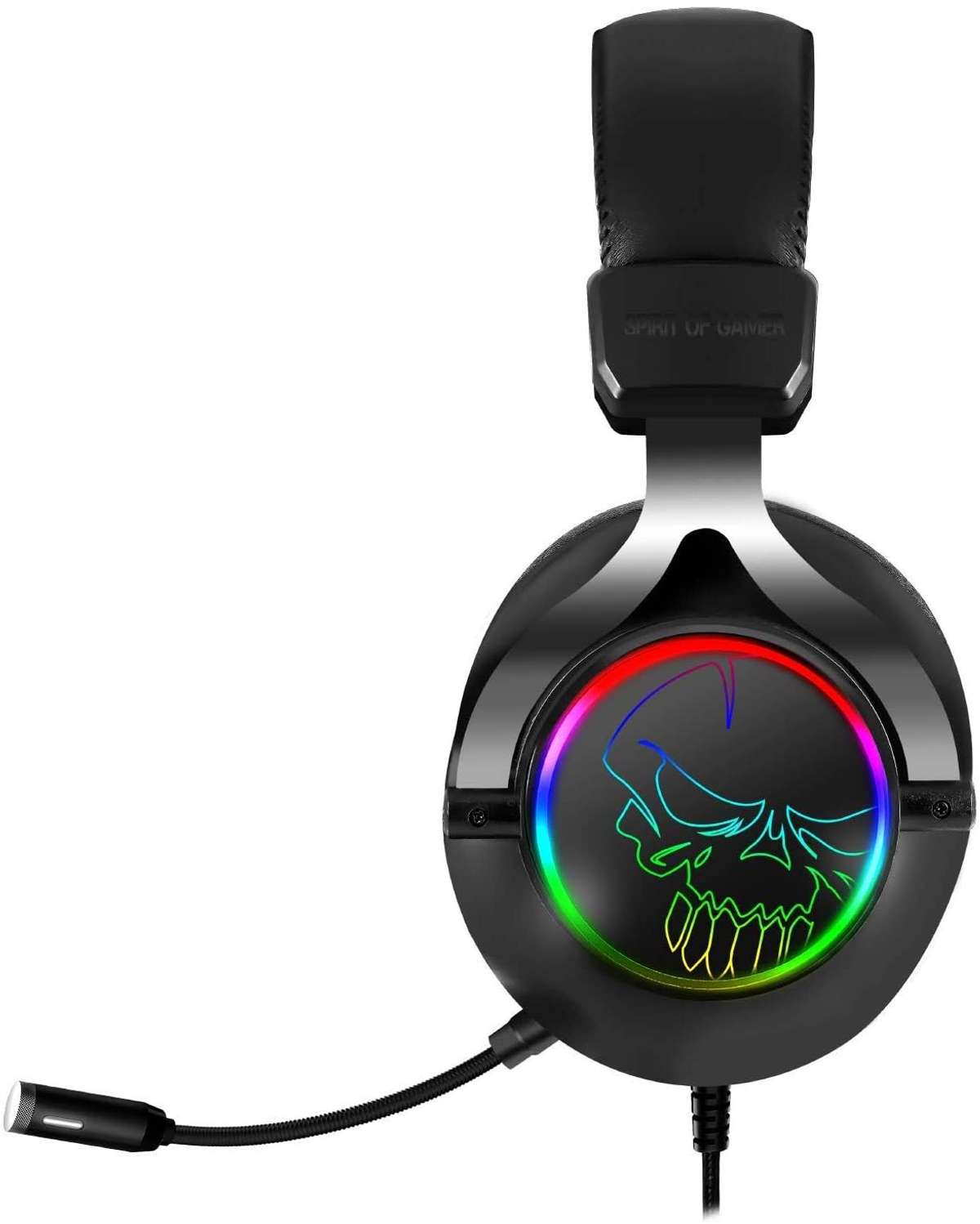 Czarne słuchawki dla graczy, podświetlane logo czaszki na nauszniku, mikrofon.