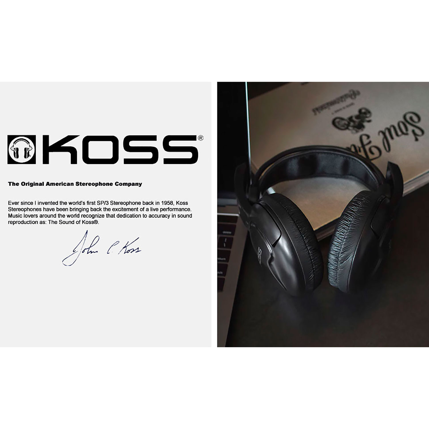 Casque Koss, texte et signature. Une paire de casques noirs sur un ordinateur portable.