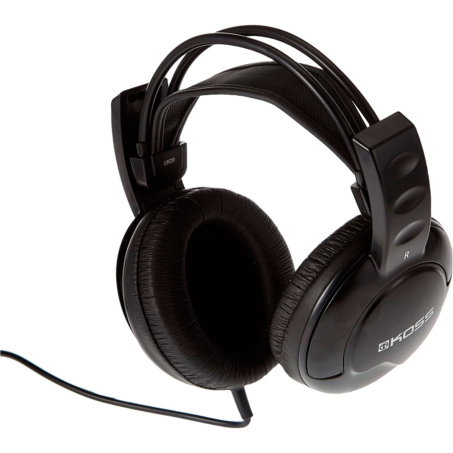 Casque Koss UR20 noir avec câble, fond blanc.