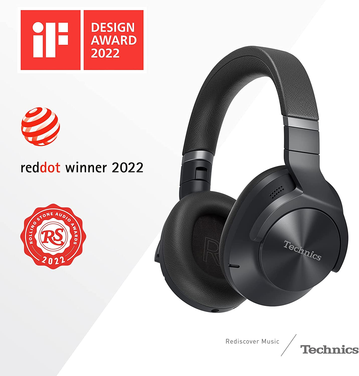 Black headphones with a design award logo.