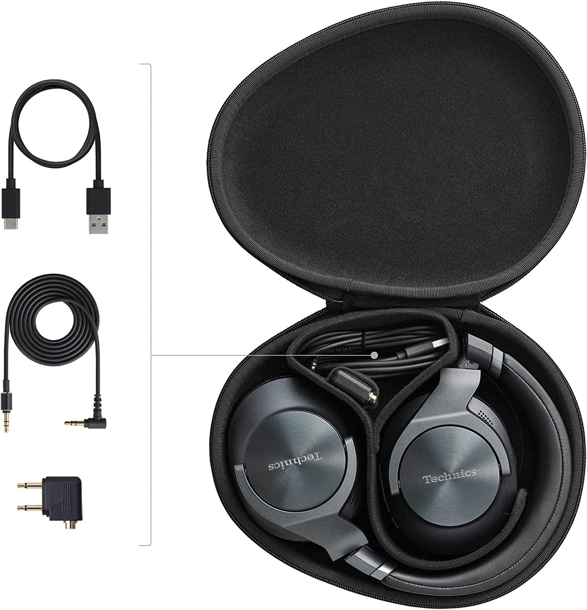 Headphones with cables and a plug inside a black carrying case, alongside a USB cable and plug.