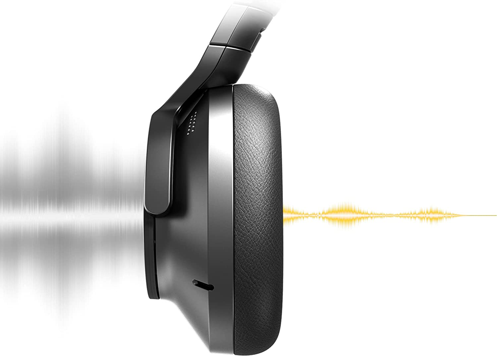Black headphones on a white background, sound wave graphic on the right.