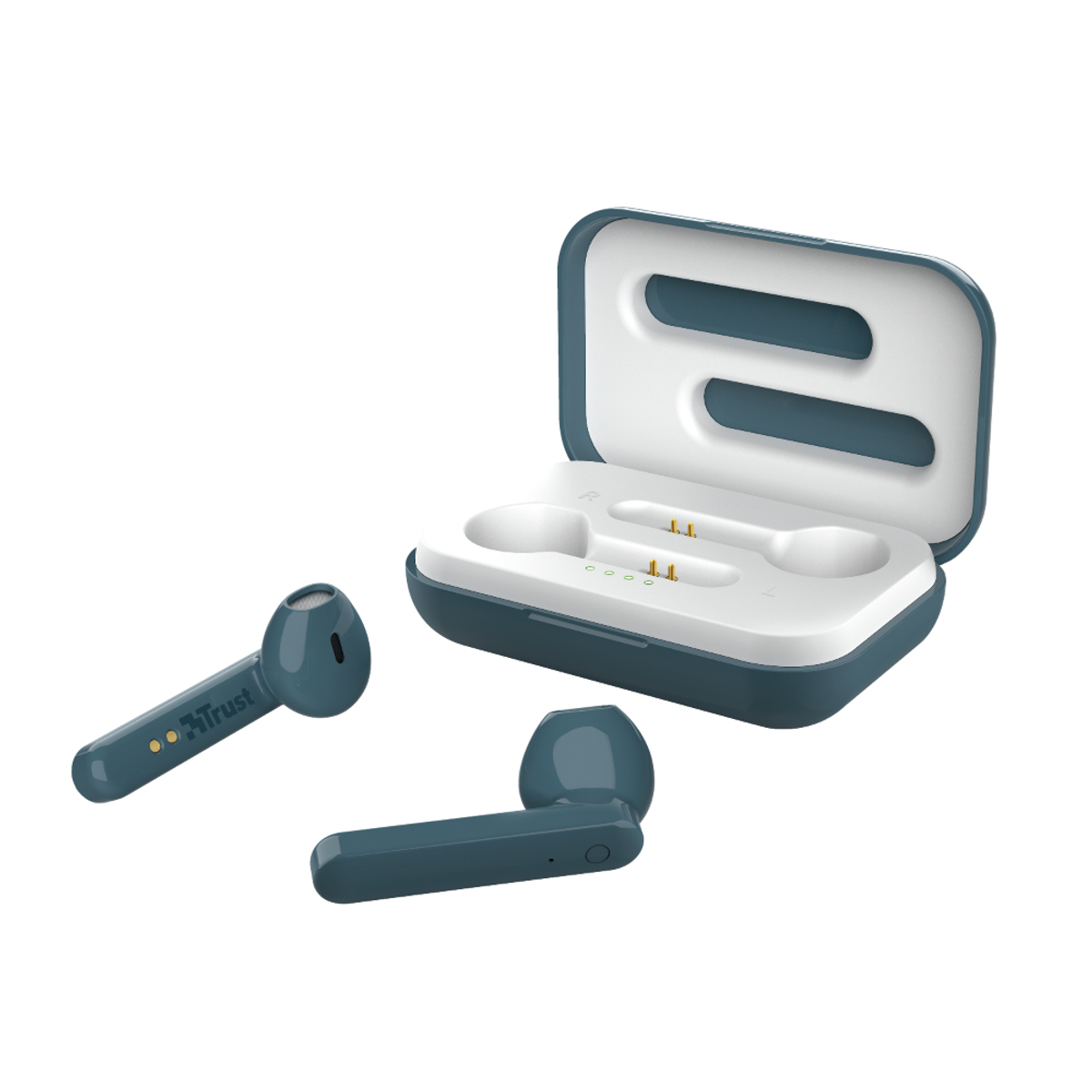 Niebieskie słuchawki douszne z etui ładującym. Jedna słuchawka znajduje się poza etui. Etui jest otwarte, pokazując porty ładowania.